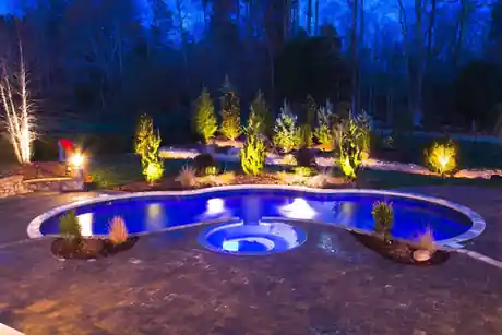 Pool and round spa glowing blue at night with uplit shrubs along a paver deck