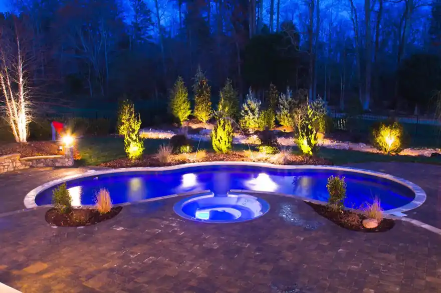 Pool and round spa glowing blue at night with uplit shrubs along a paver deck